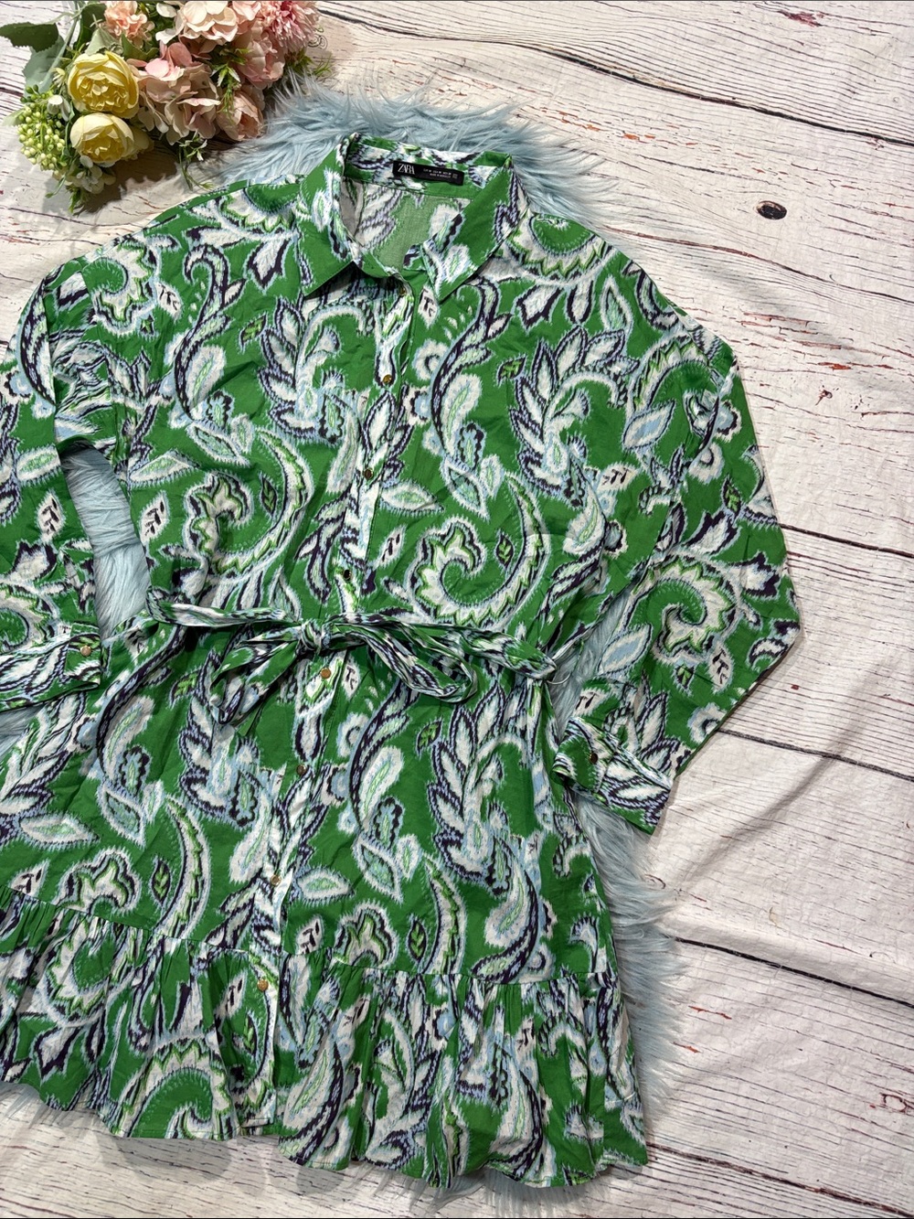 Zara Green White Paisley Mini Dress - Picture 5 of 9